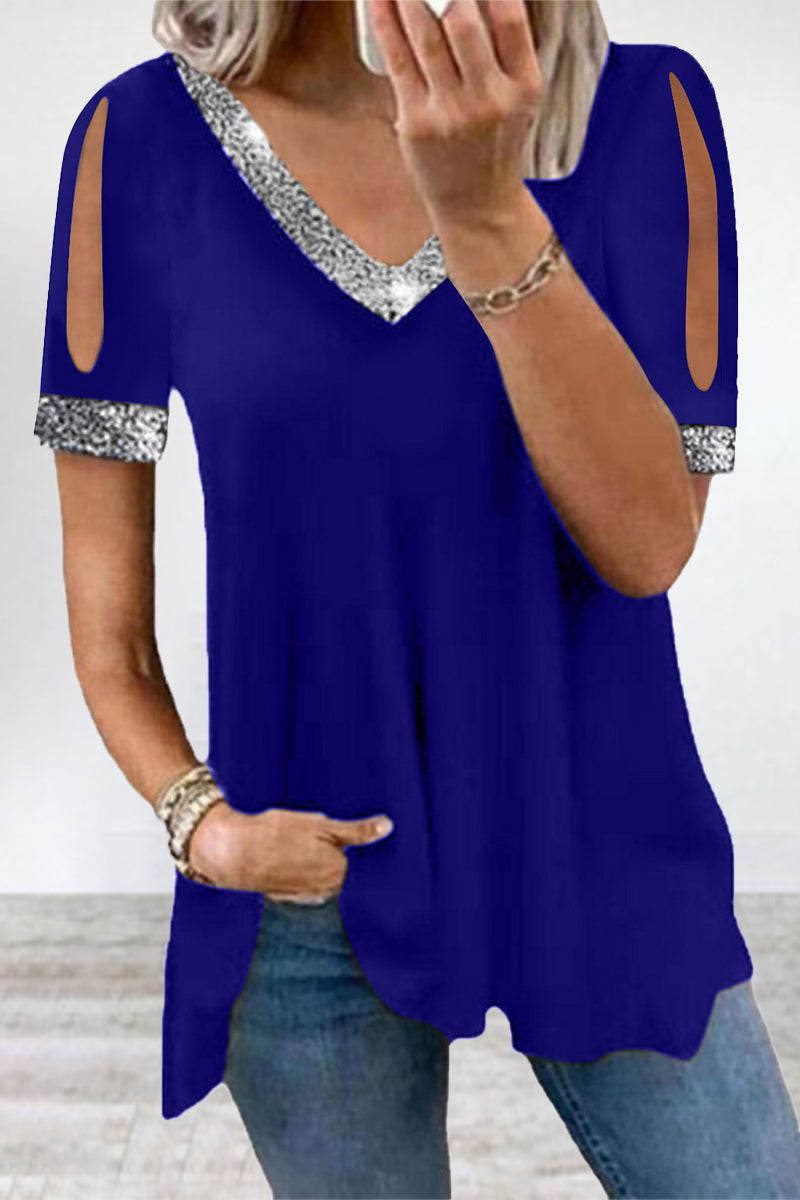 Casual Solid Sequins V Neck T-Shirts - Fashionpara
