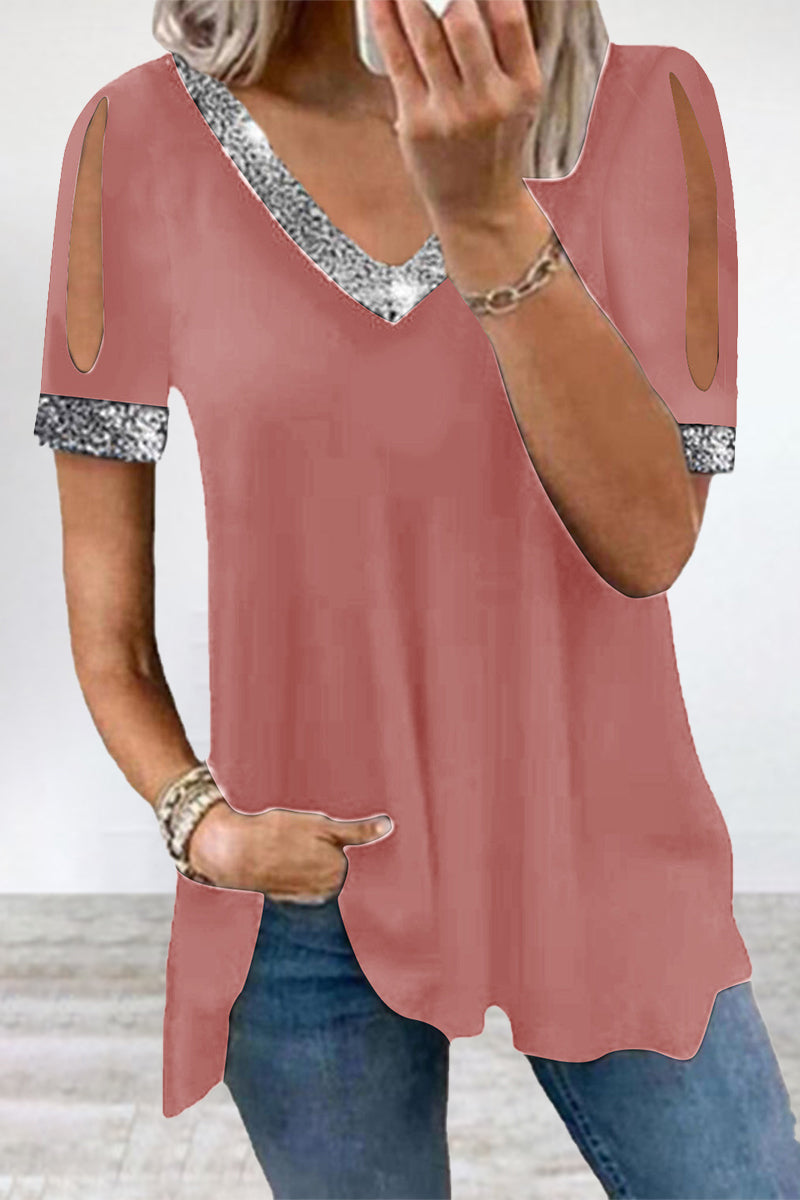 Casual Solid Sequins V Neck T-Shirts - Fashionpara
