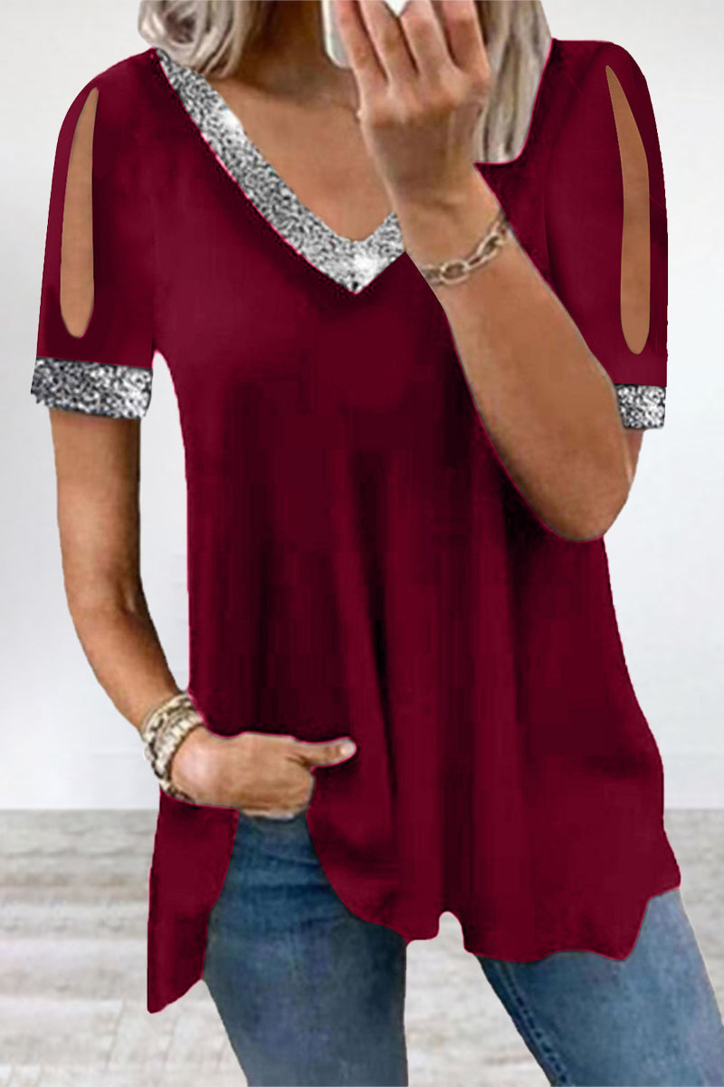 Casual Solid Sequins V Neck T-Shirts - Fashionpara