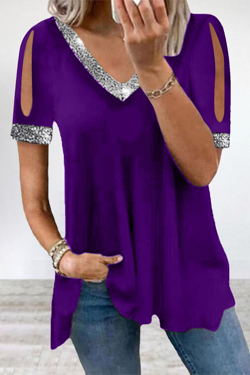Casual Solid Sequins V Neck T-Shirts - Fashionpara