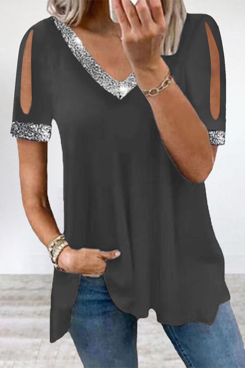 Casual Solid Sequins V Neck T-Shirts - Fashionpara