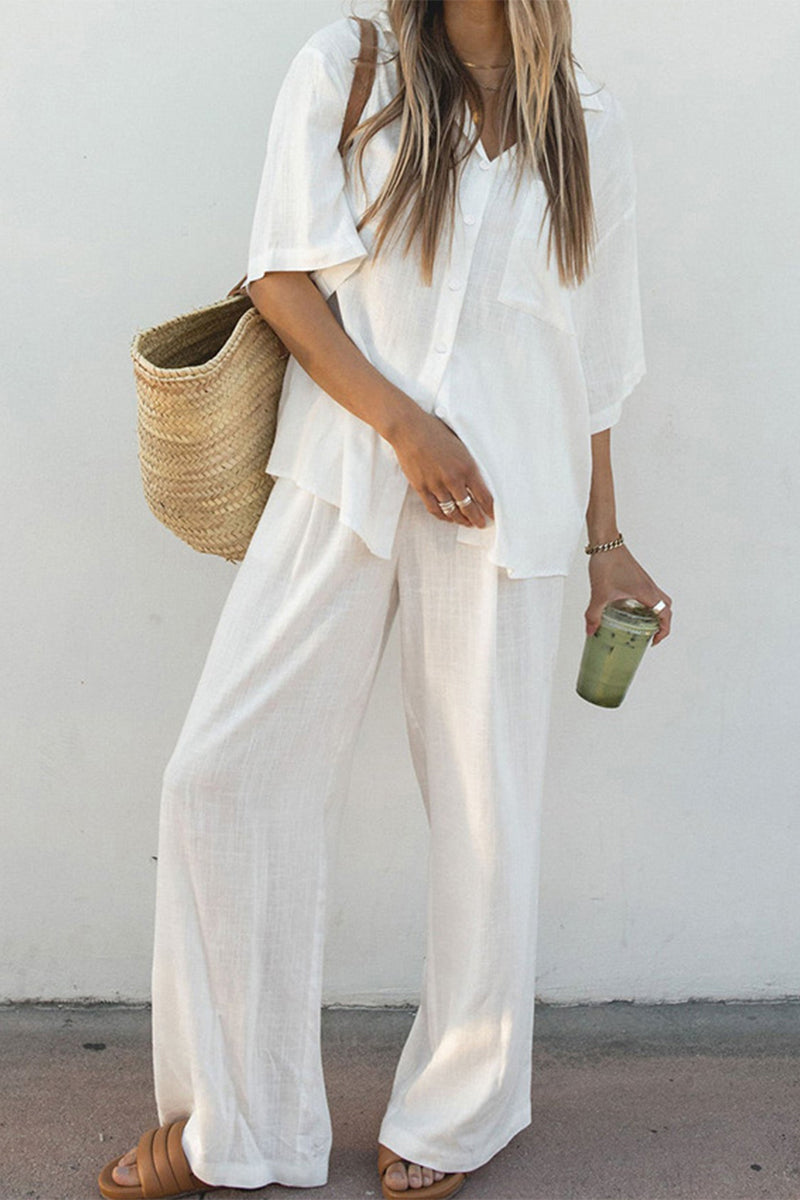 Casual Simplicity Solid Buttons Turndown Collar Short Sleeve Two Pieces - Fashionpara