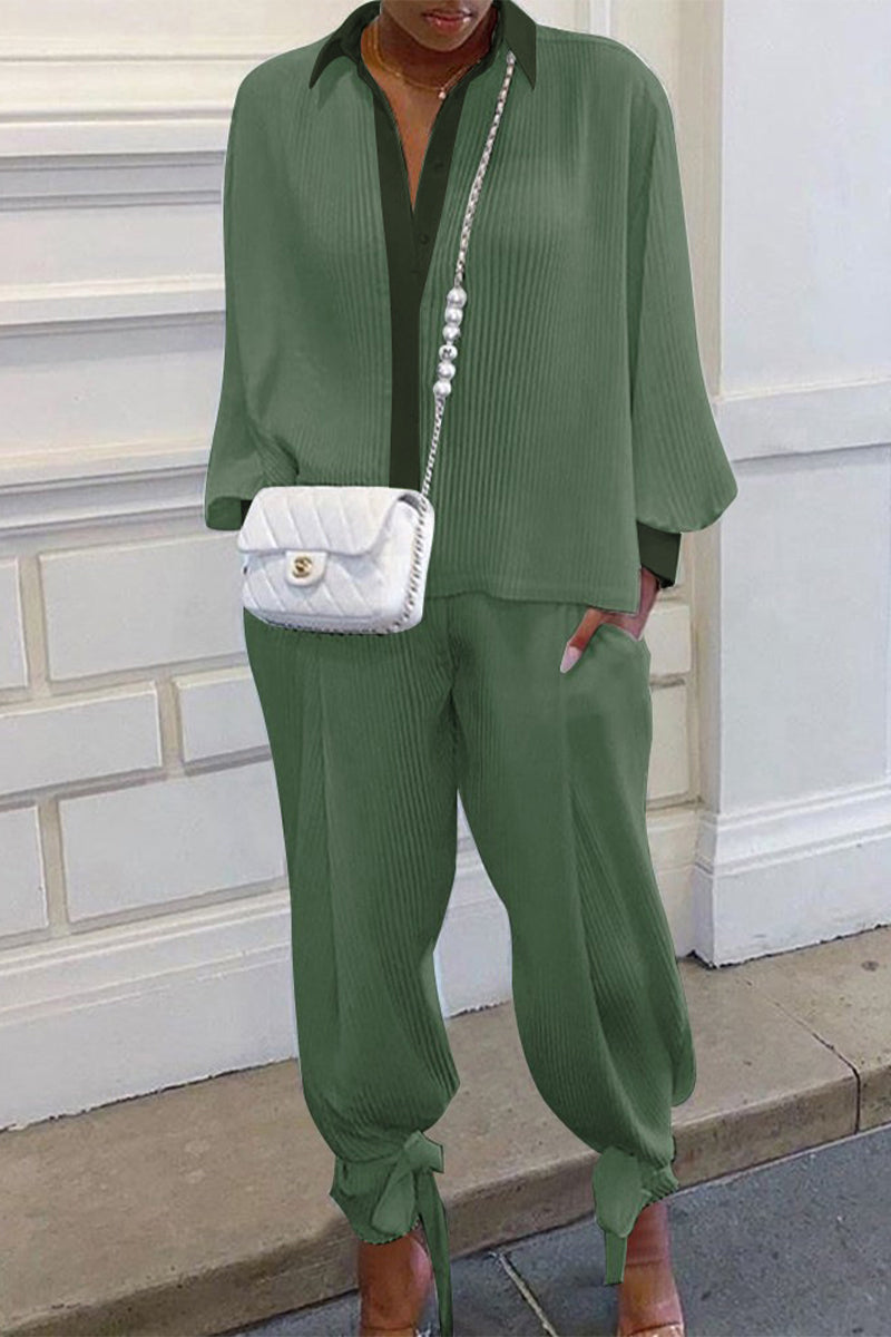 Casual Solid Pocket Turndown Collar Long Sleeve Two Pieces(4 Colors) - Fashionpara