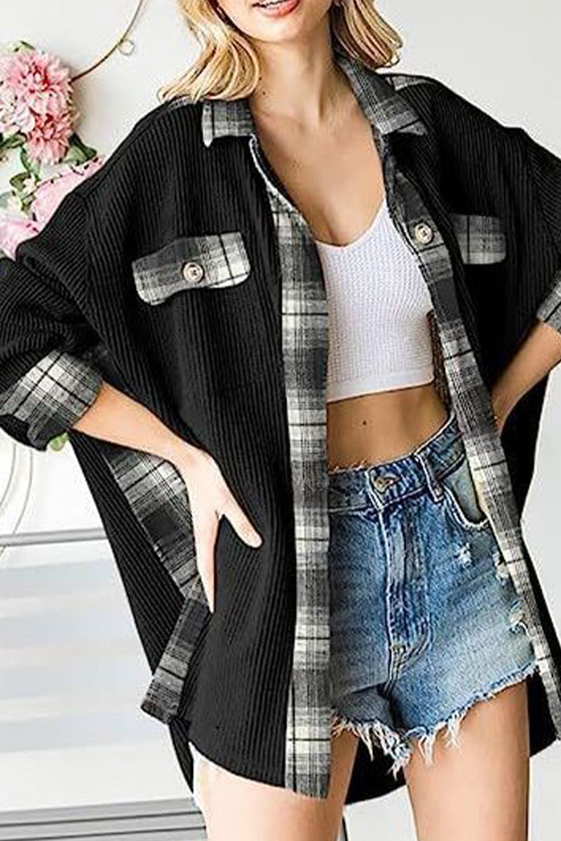 Casual Color Block Pocket Contrast Turndown Collar Tops - Fashionpara