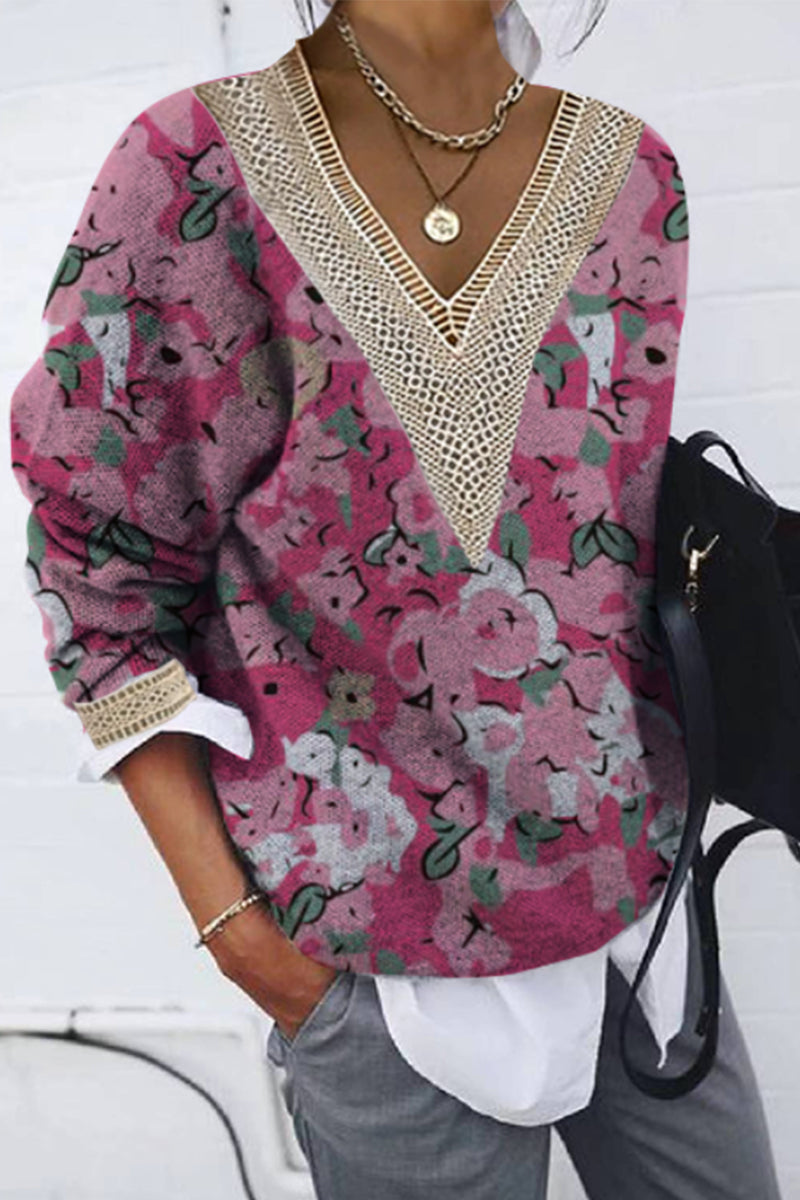 Casual Print Patchwork V Neck Tops