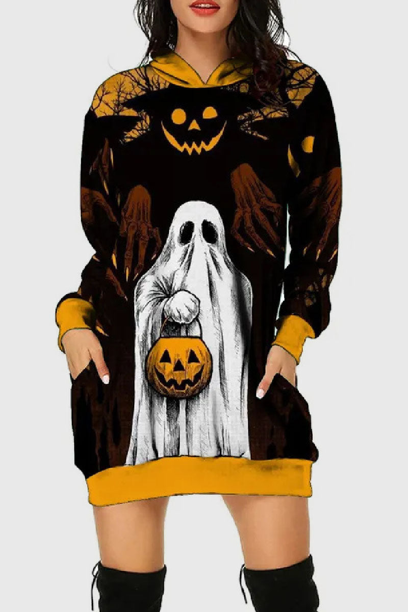 Casual Print Basic Hooded Collar Long Sleeve Dresses - Fashionpara