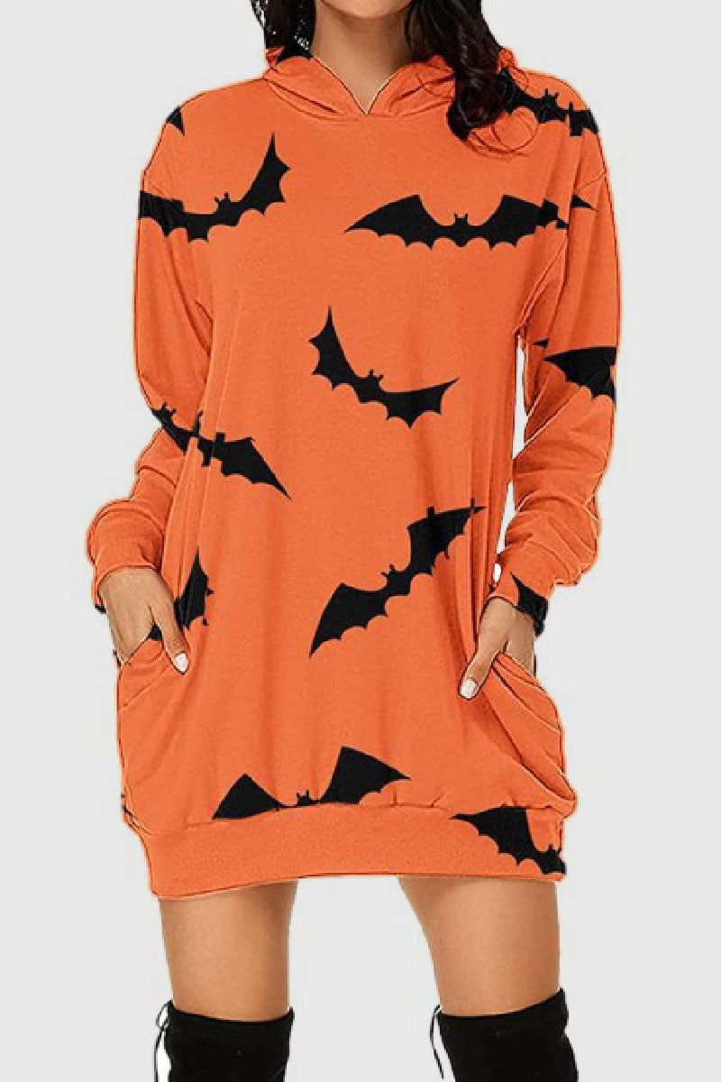 Casual Print Basic Hooded Collar Long Sleeve Dresses - Fashionpara