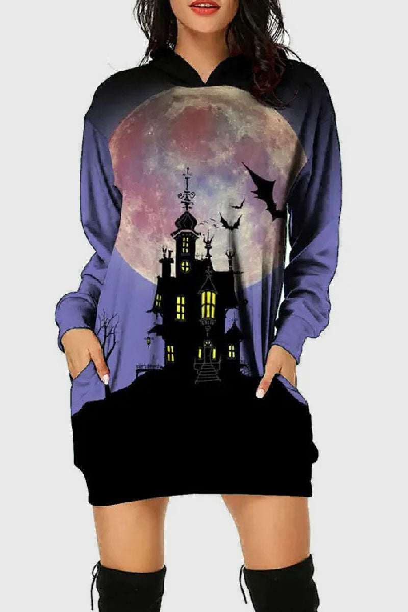 Casual Print Basic Hooded Collar Long Sleeve Dresses - Fashionpara