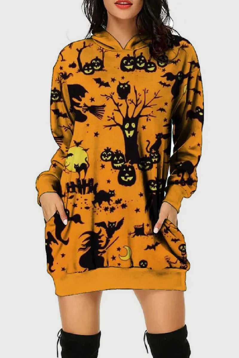 Casual Print Basic Hooded Collar Long Sleeve Dresses - Fashionpara