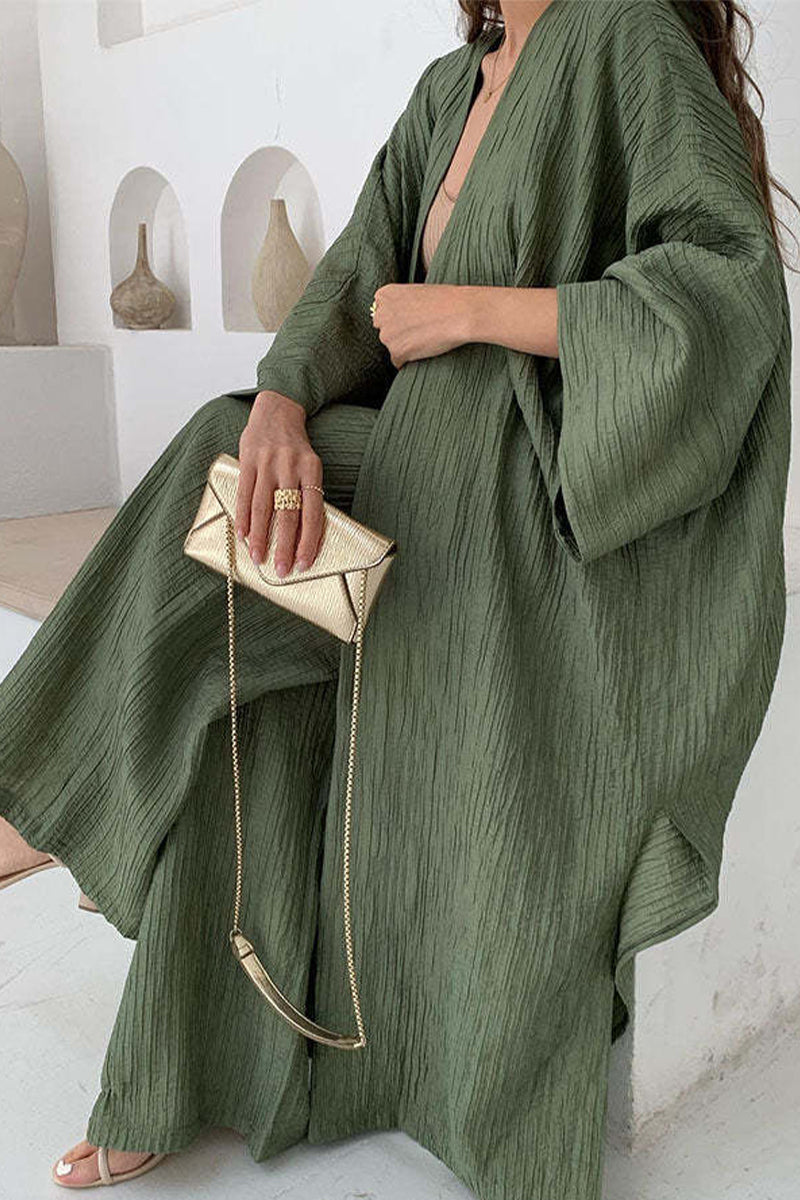 Florcoo Casual Two-Piece Pants Set with Fold Cardigan