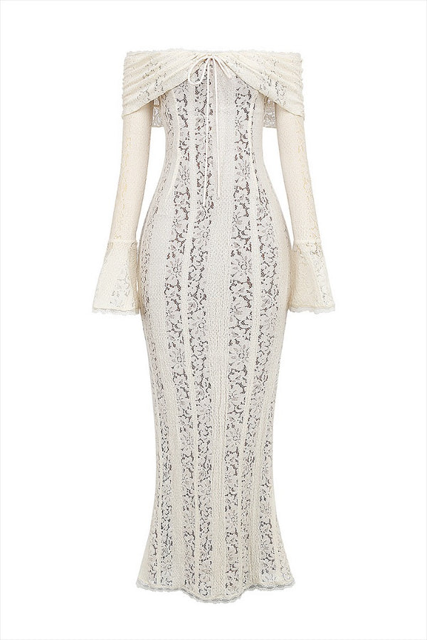 Leila Off Shoulder Floral Lace Flared Sleeve Fishtail Maxi Dress - View 11