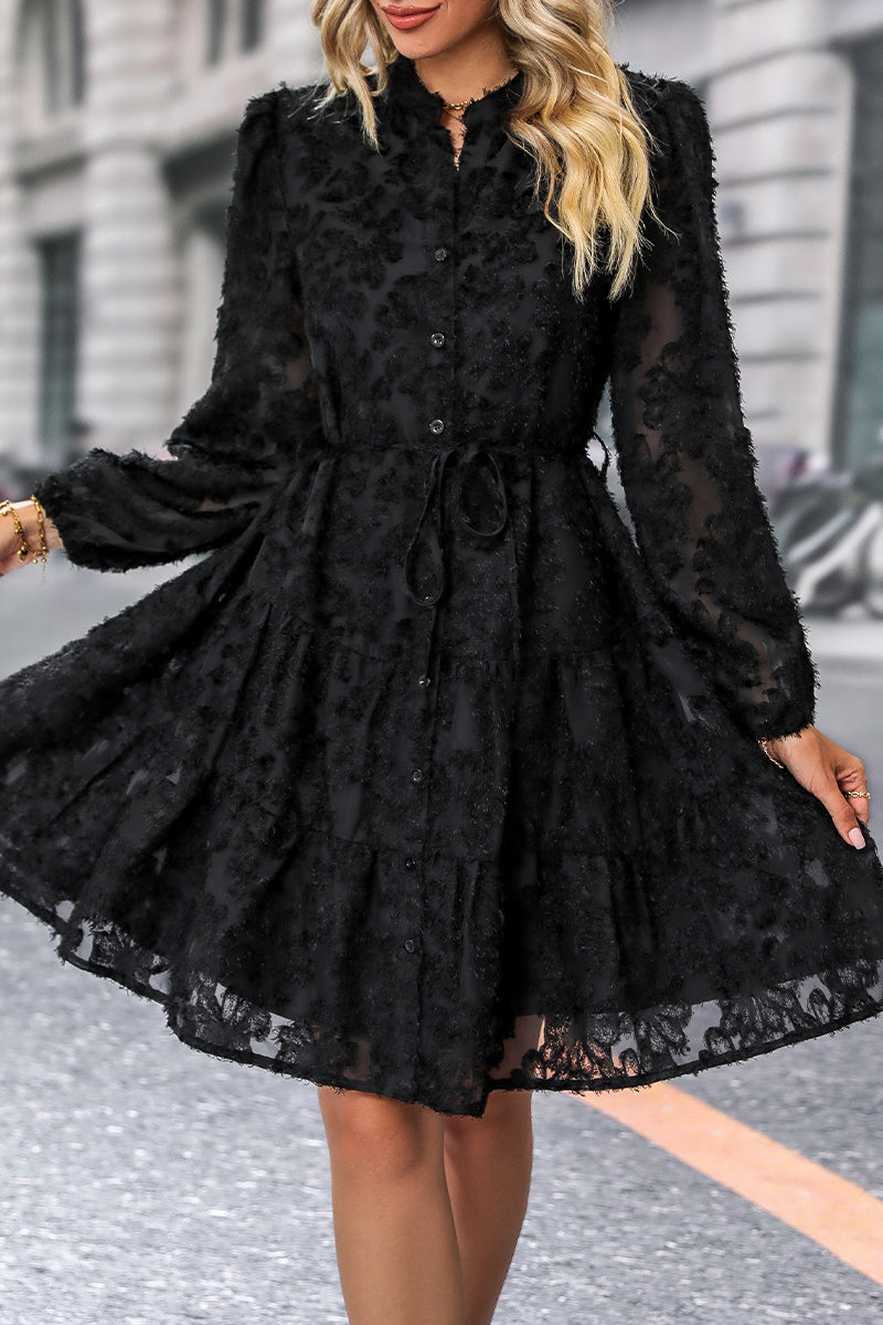 Elegant Solid Flounce Mandarin Collar A Line Dresses - Fashionpara