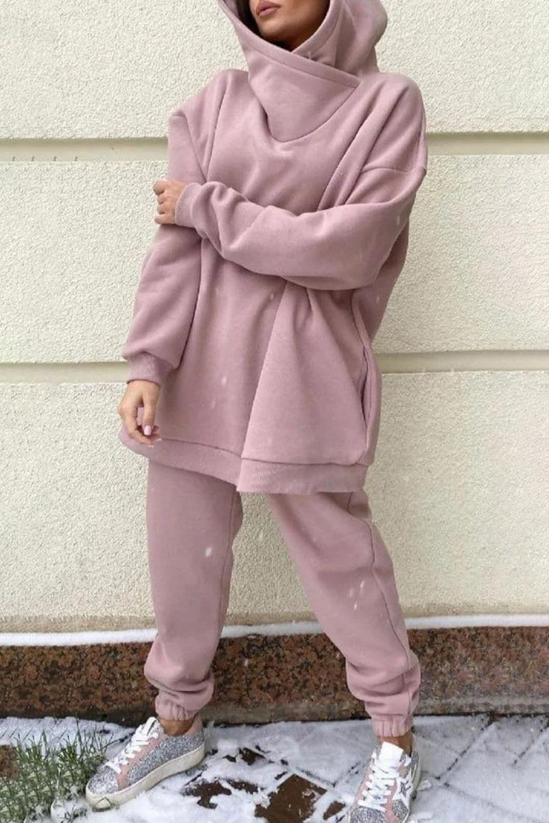 Casual Solid Pocket Hooded Collar Long Sleeve Two Pieces - Fashionpara