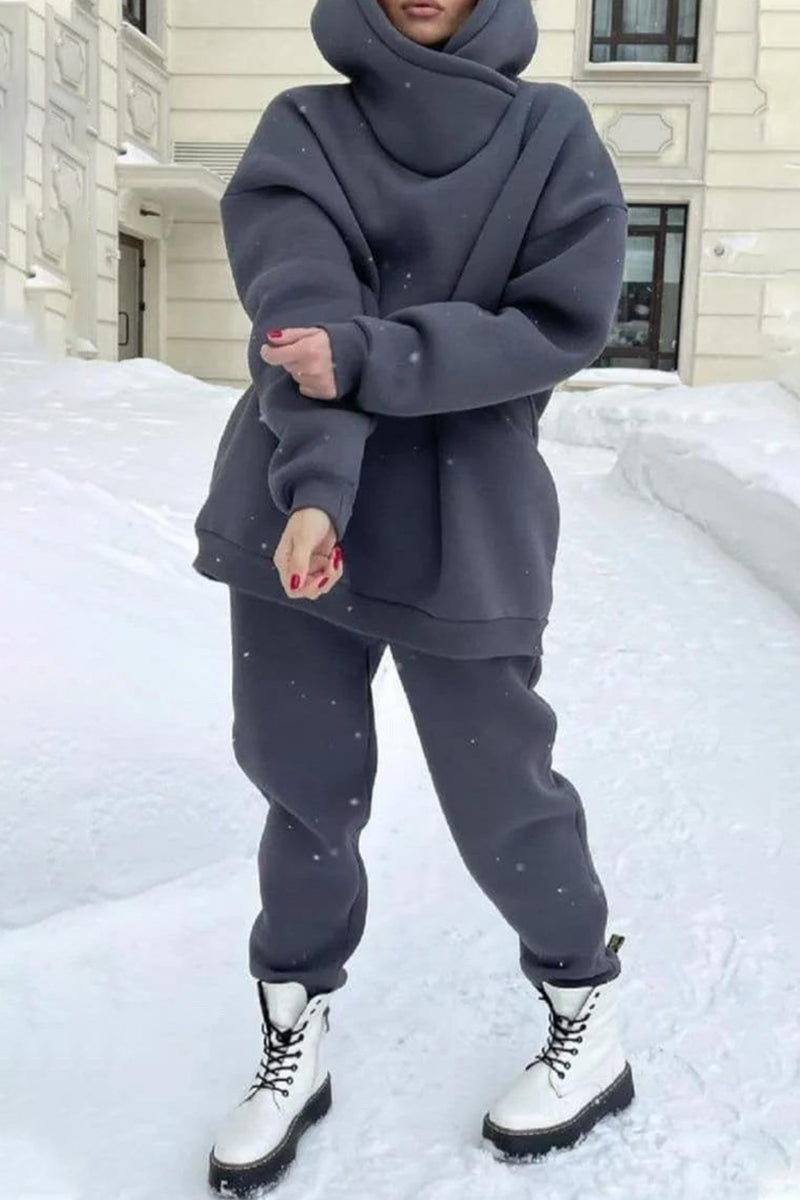 Casual Solid Pocket Hooded Collar Long Sleeve Two Pieces - Fashionpara