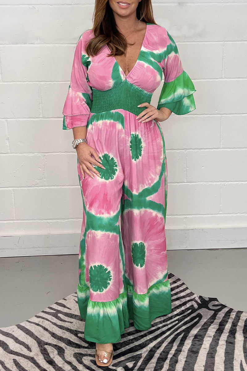 Casual College Print Patchwork V Neck Loose Jumpsuits - Fashionpara