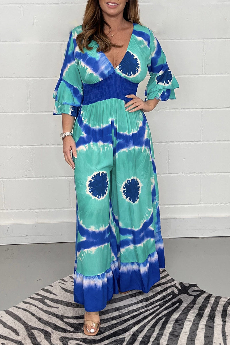 Casual College Print Patchwork V Neck Loose Jumpsuits - Fashionpara