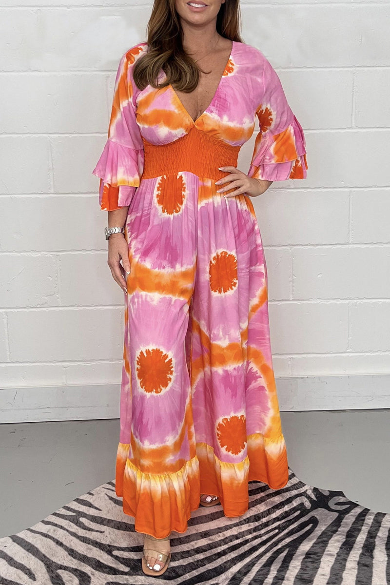 Casual College Print Patchwork V Neck Loose Jumpsuits - Fashionpara