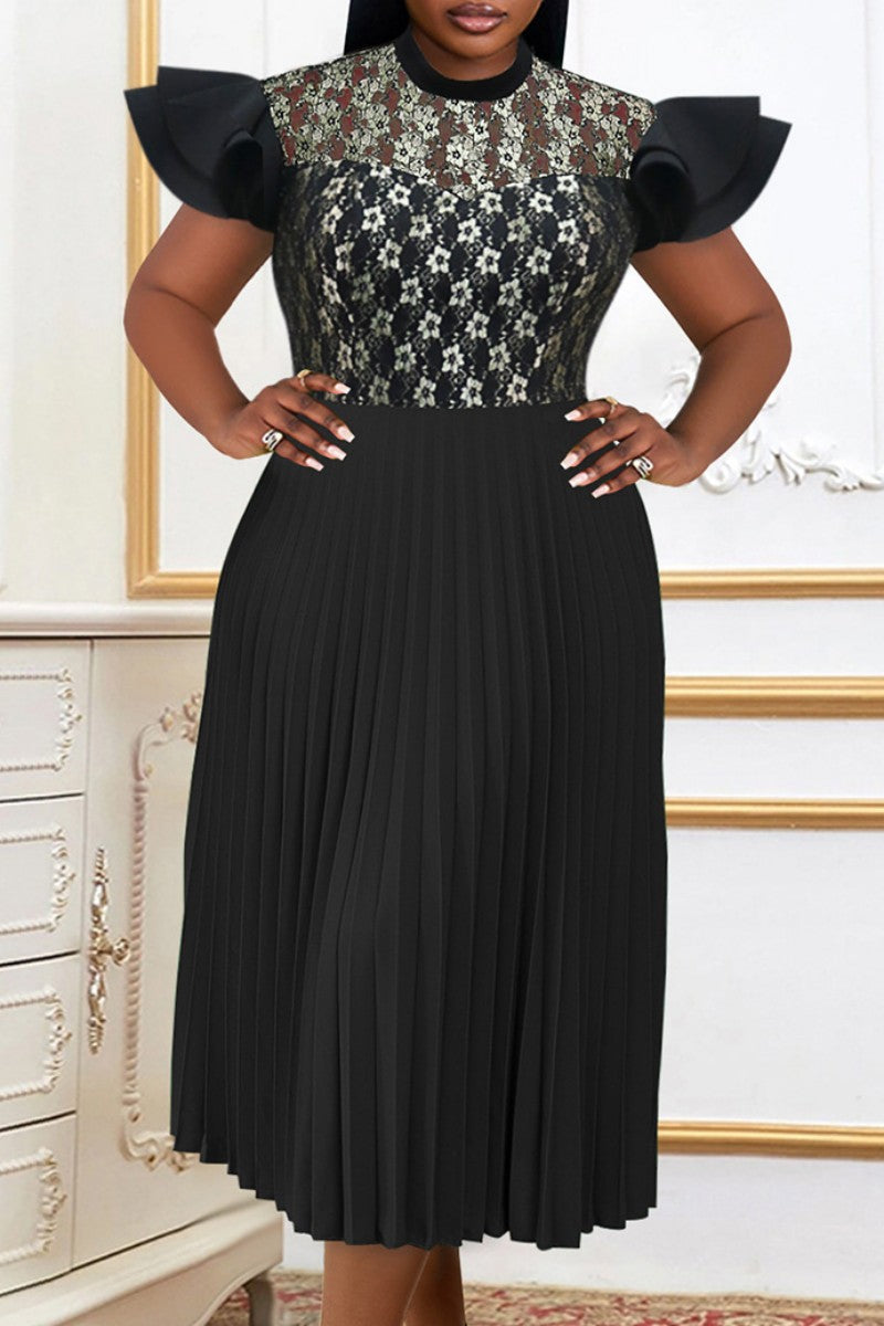 Casual Patchwork See-through O Neck Pleated Dresses - Fashionpara