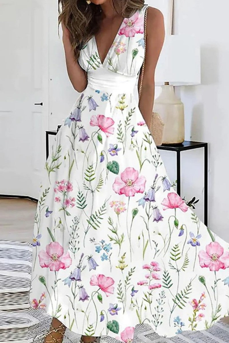 Casual Print Patchwork V Neck Sleeveless Dresses(4 Colors) - Fashionpara