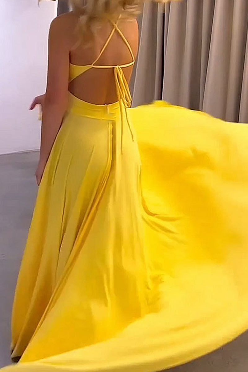 Solid Frenulum Slit V Neck Sling Dress Dresses - Fashionpara