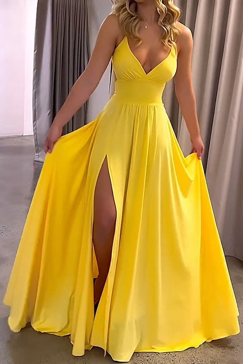 Solid Frenulum Slit V Neck Sling Dress Dresses - Fashionpara