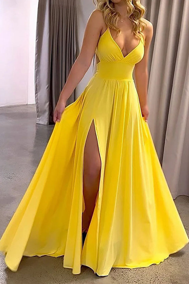 Solid Frenulum Slit V Neck Sling Dress Dresses - Fashionpara