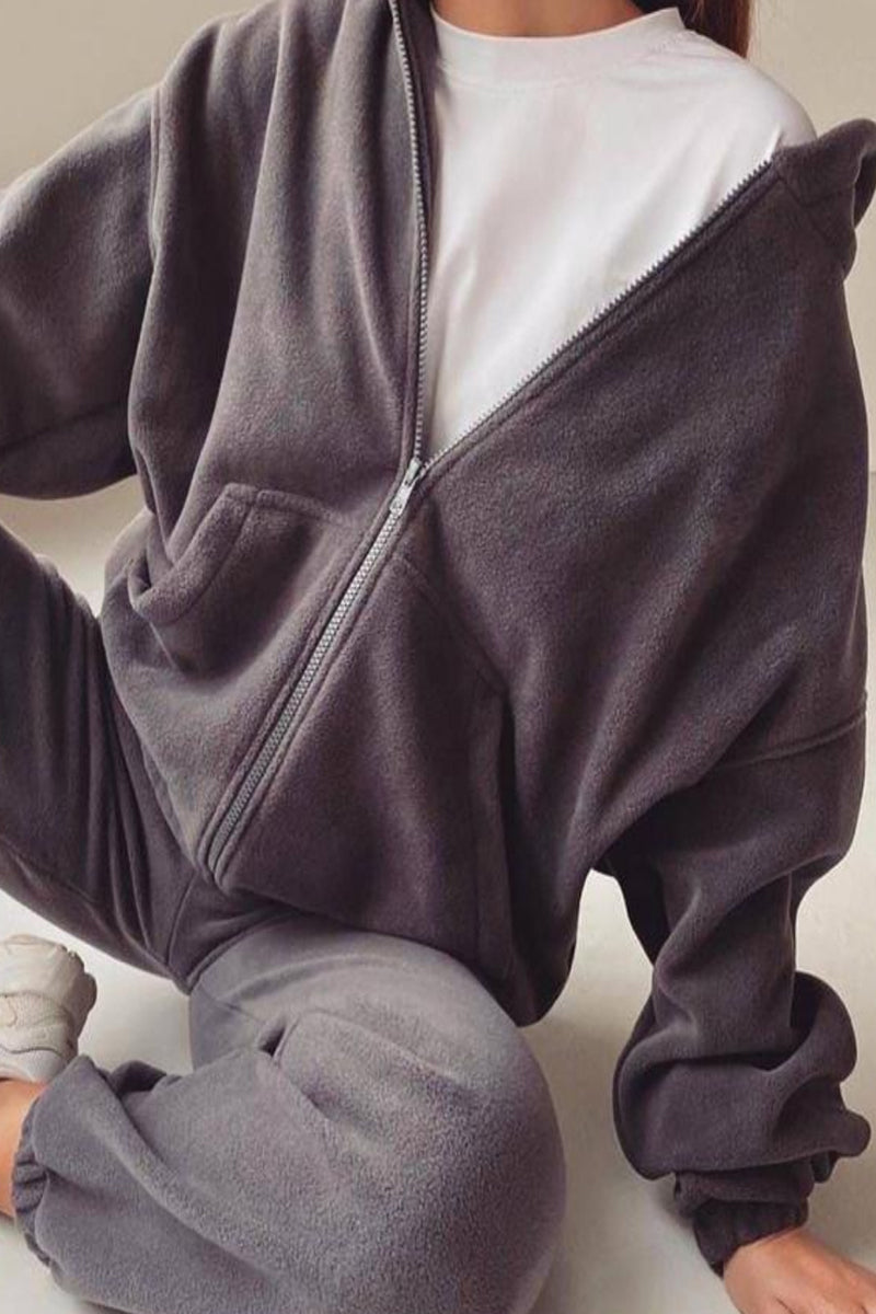 Casual Solid Zipper Hooded Collar Long Sleeve Two Pieces(5 Colors) - Fashionpara