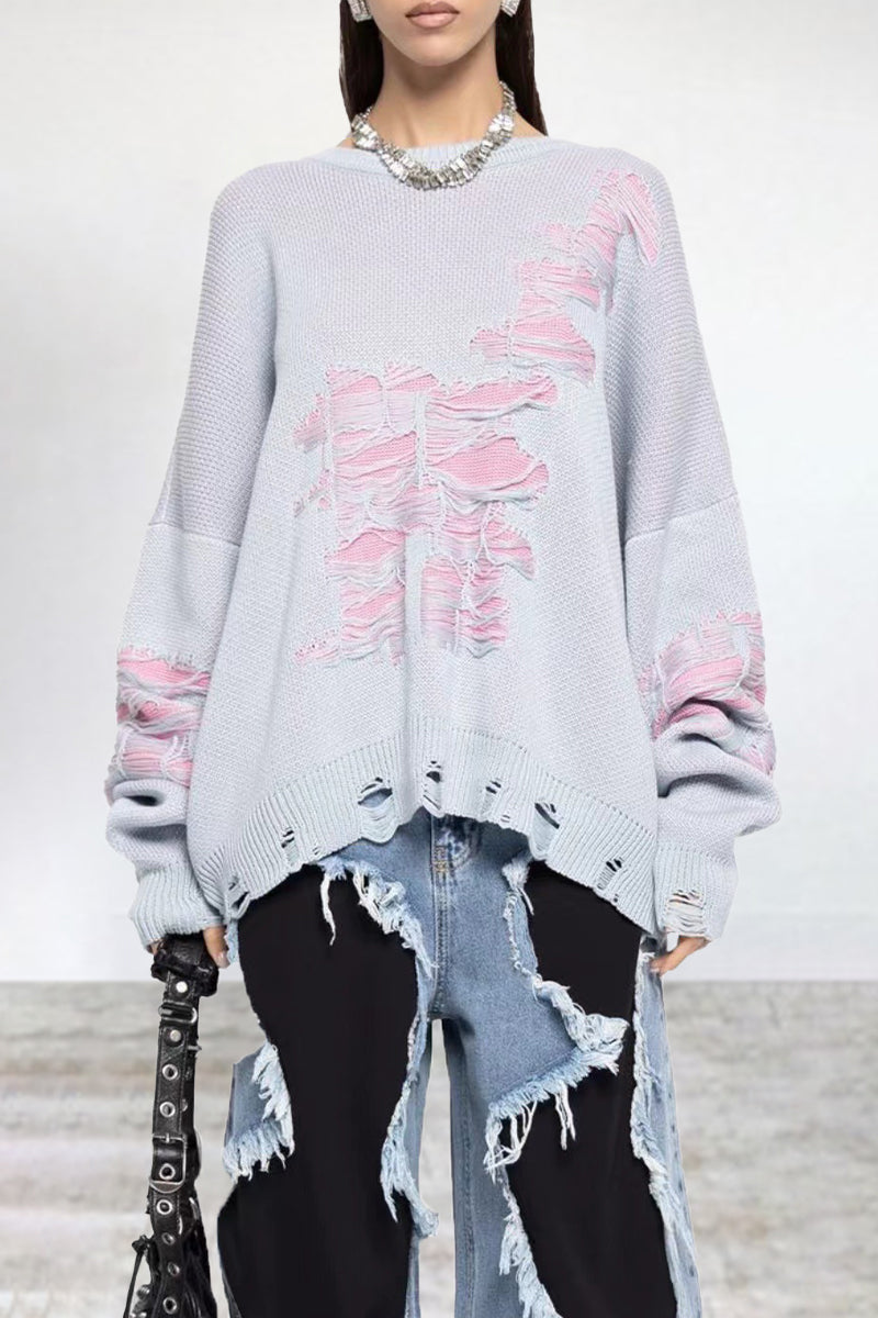 Florcoo Color Block Ripped Sweater - Trendy Casual Style