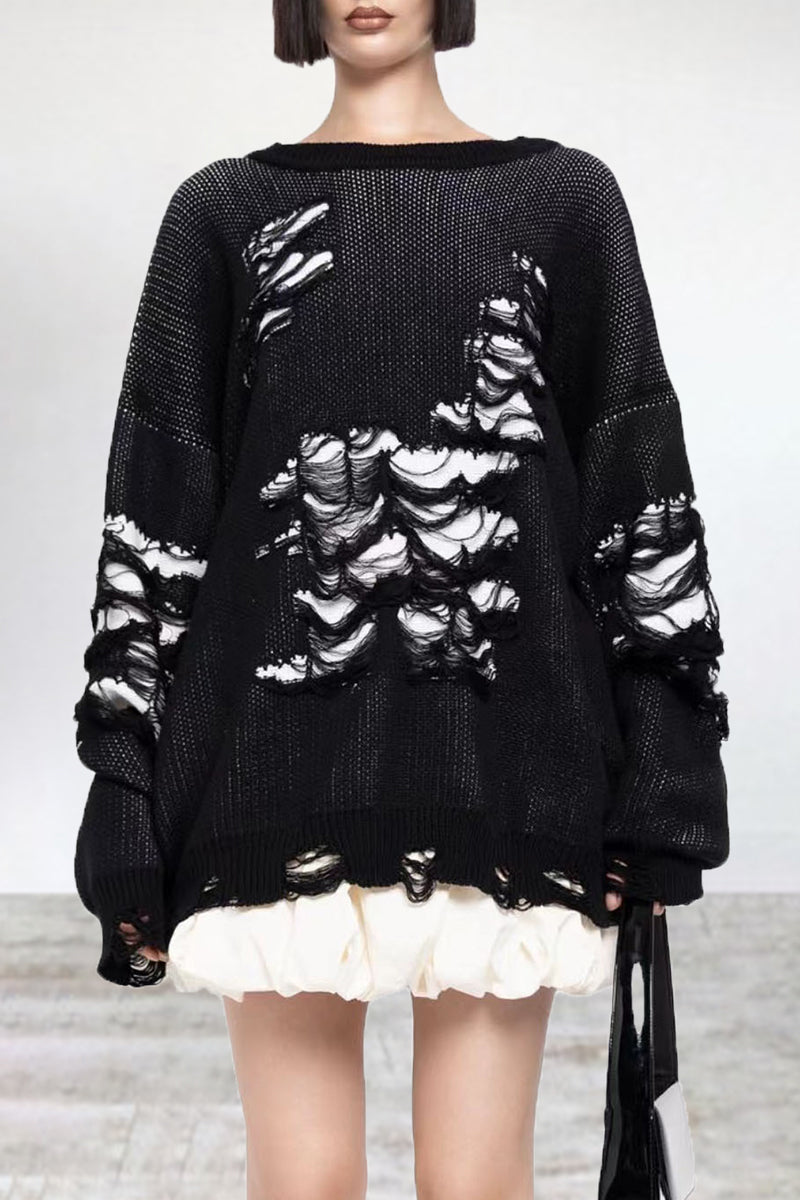Florcoo Color Block Ripped Sweater - Trendy Casual Style
