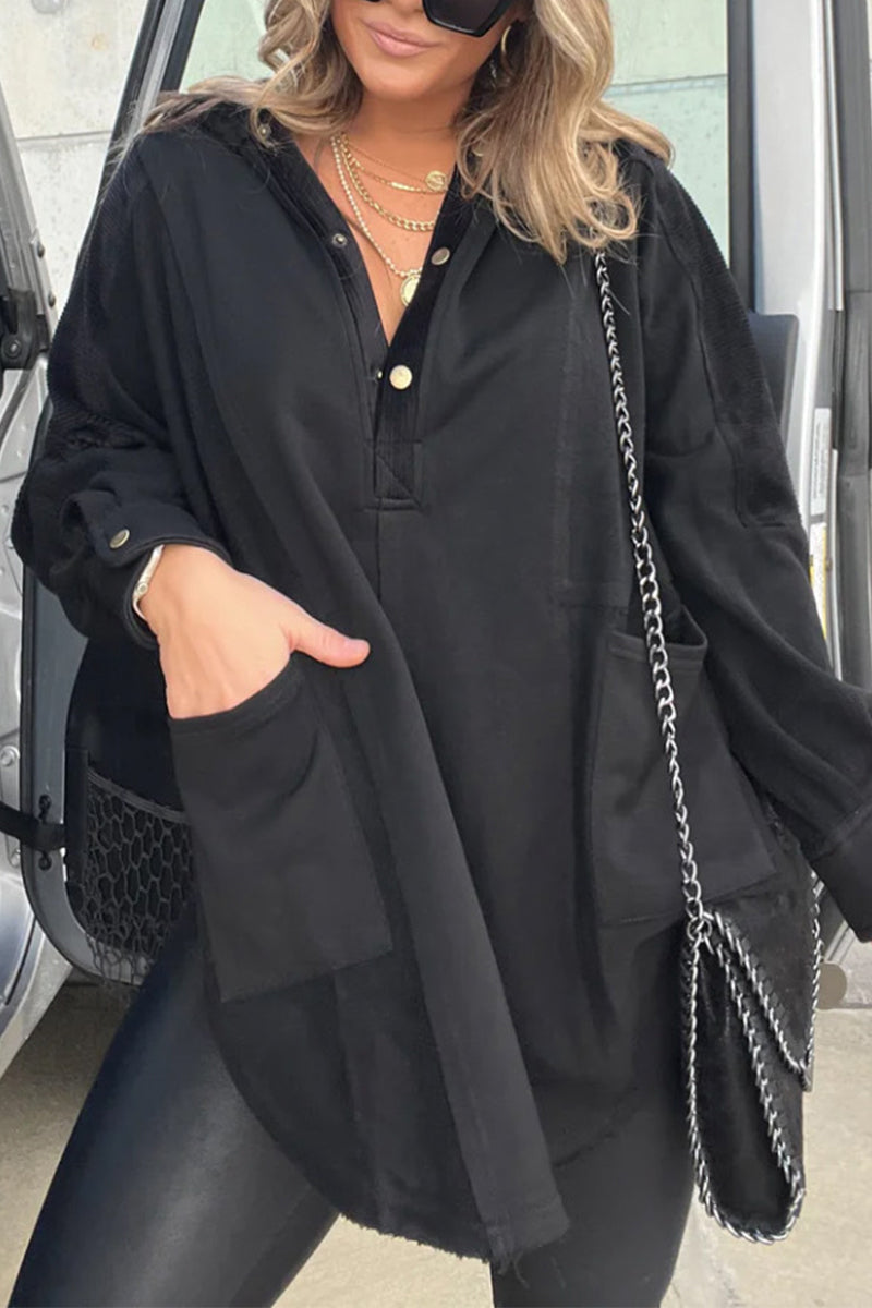 Casual Solid Pocket Slit Hooded Collar Tops - Fashionpara
