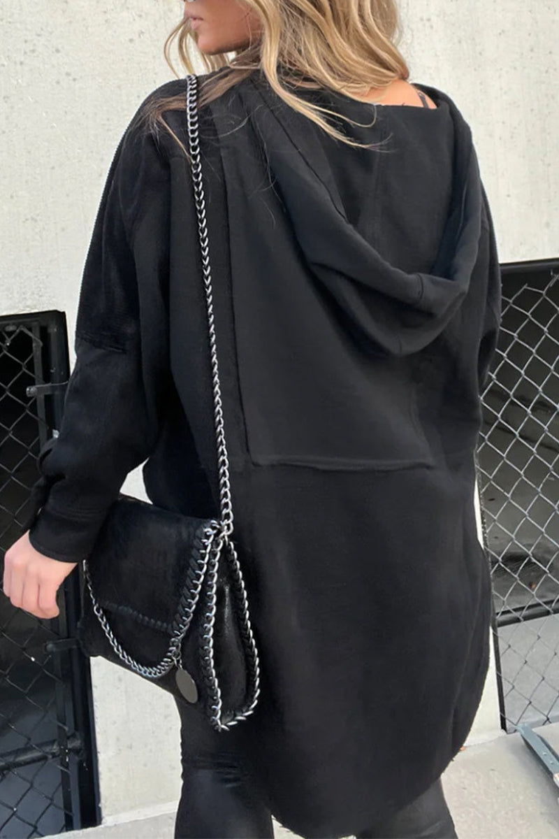 Casual Solid Pocket Slit Hooded Collar Tops - Fashionpara