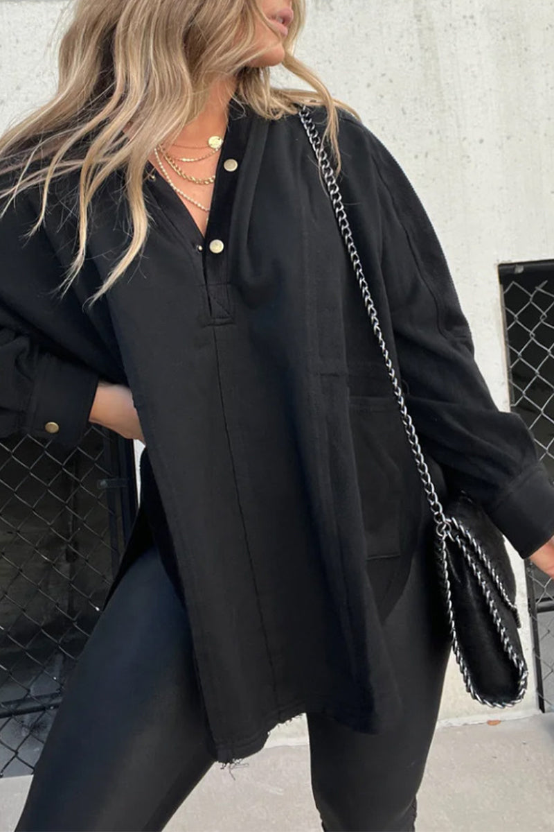 Casual Solid Pocket Slit Hooded Collar Tops - Fashionpara