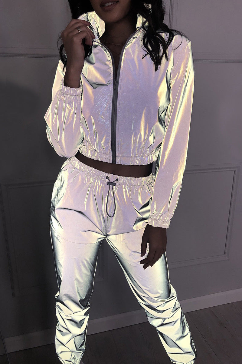 Casual Street Solid Reflective Turndown Collar Long Sleeve Two Pieces - Fashionpara