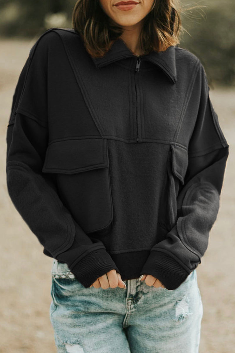 Casual Solid Zipper Turndown Collar Tops - Fashionpara