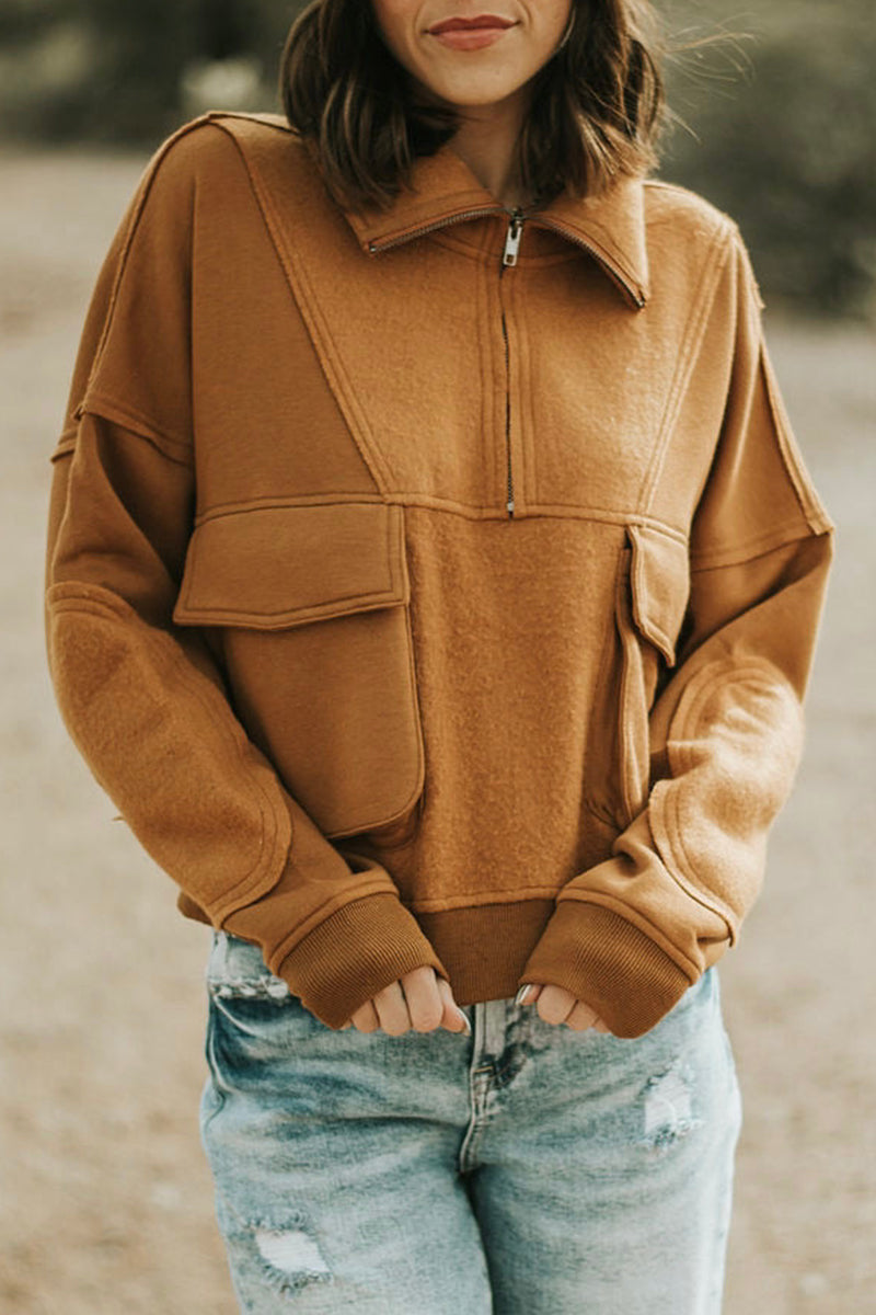 Casual Solid Zipper Turndown Collar Tops - Fashionpara