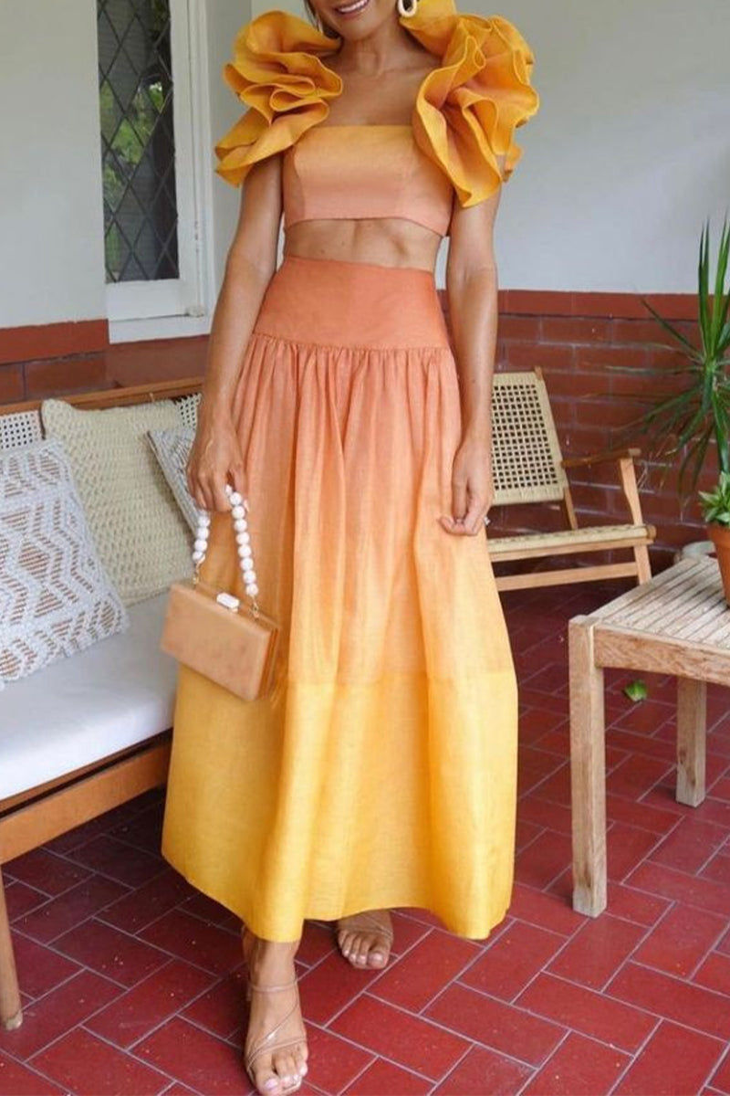 Sexy Elegant Gradual Change Appliques Printing Square Collar Two Pieces - Fashionpara