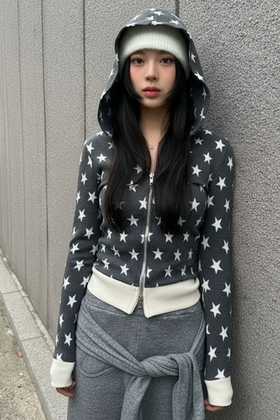 Star Jacquard Zip Hoodie - Fashionpara