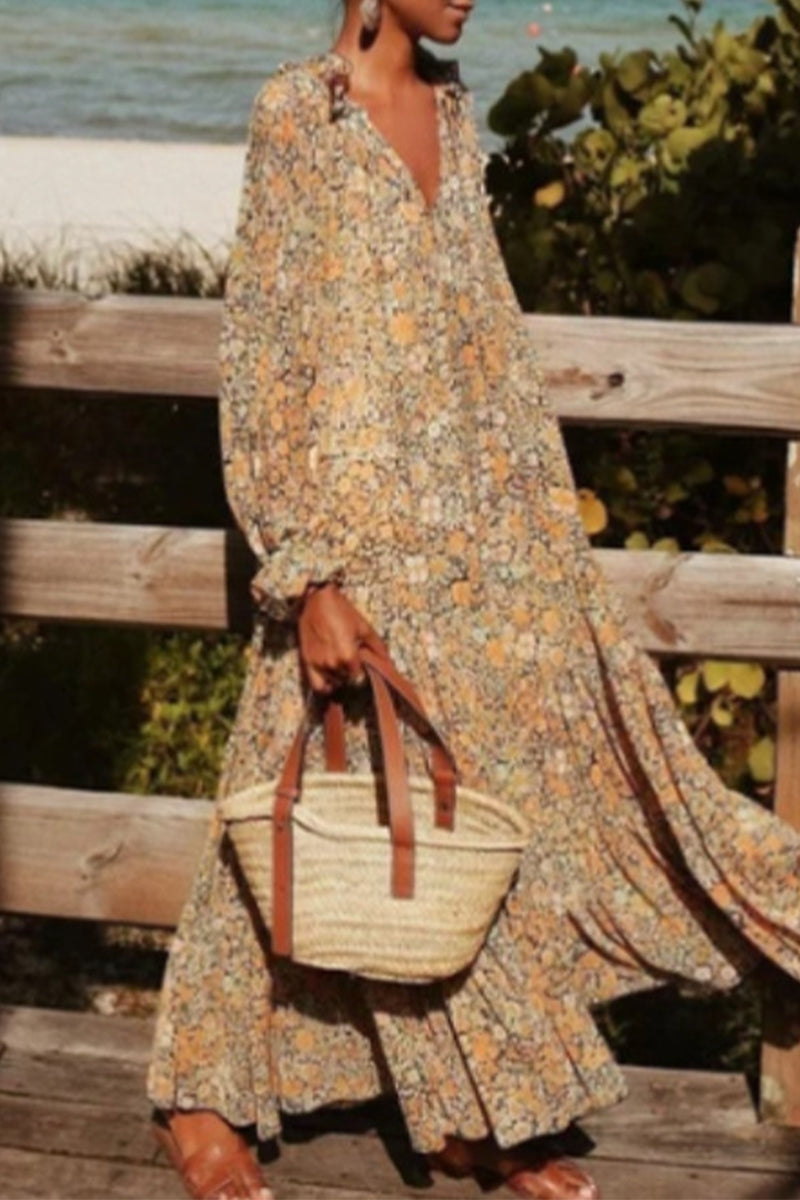 College Floral Patchwork V Neck Printed Dress Dresses - Fashionpara