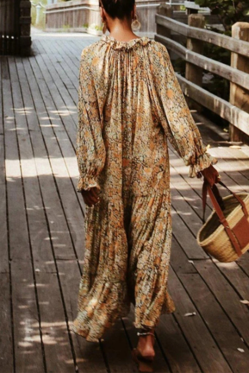 College Floral Patchwork V Neck Printed Dress Dresses - Fashionpara