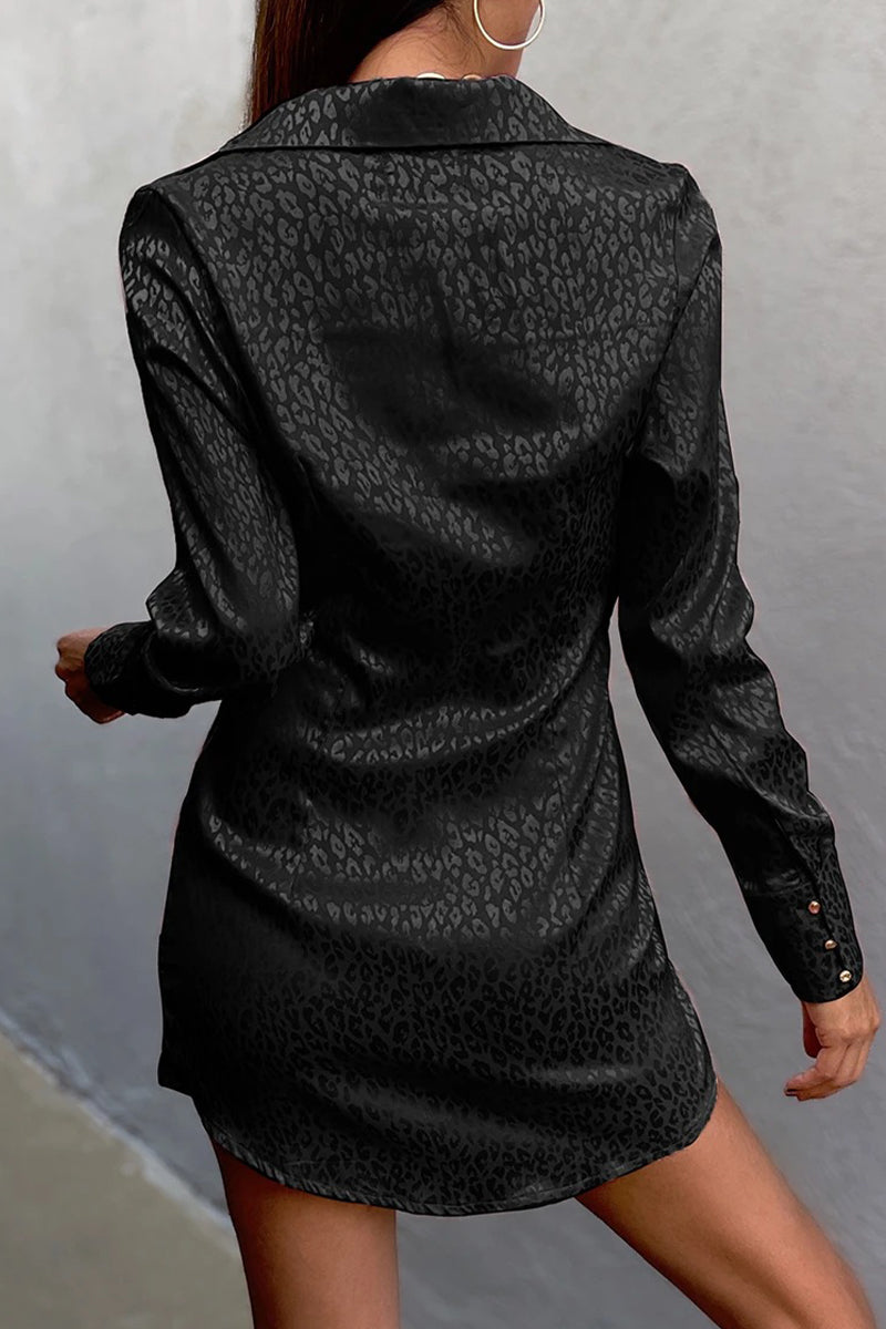 Sexy Animal Print Frenulum Printing Turndown Collar Wrapped Skirt Dresses - Fashionpara