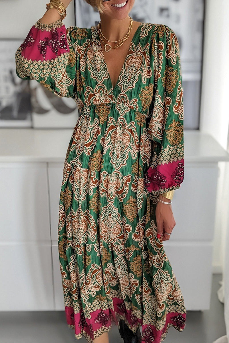 Casual Bohemian Floral Fold V Neck Printed Dresses(4 Colors)