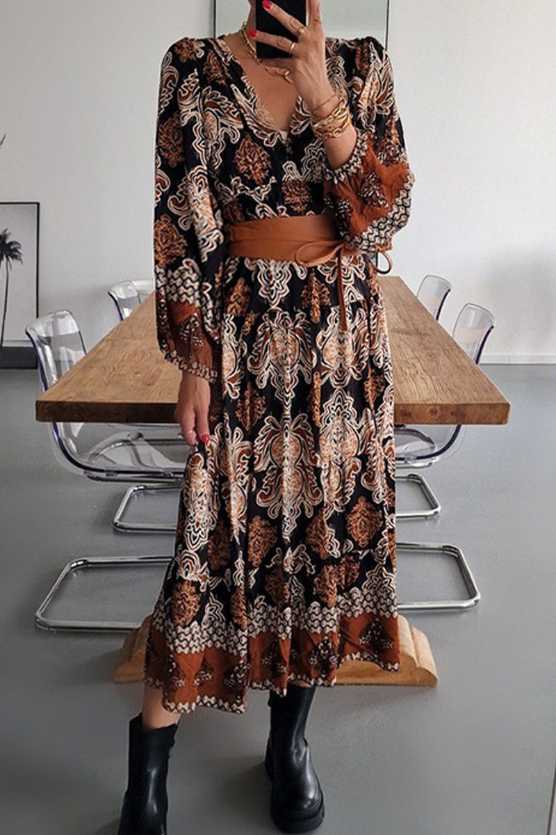 Casual Bohemian Floral Fold V Neck Printed Dresses(4 Colors)