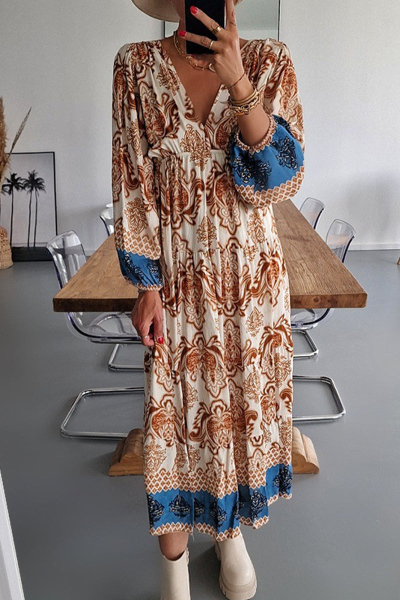 Casual Bohemian Floral Fold V Neck Printed Dresses(4 Colors)