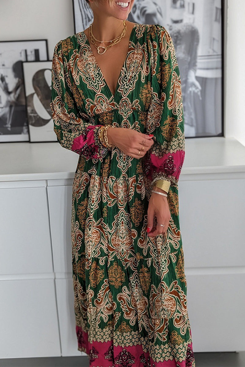 Casual Bohemian Floral Fold V Neck Printed Dresses(4 Colors)