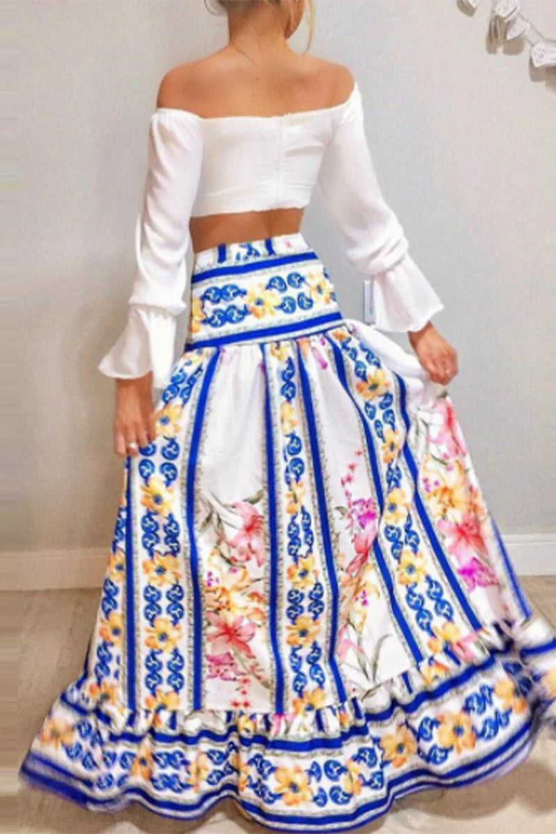 Sexy Print Flounce Contrast Off the Shoulder Long Sleeve Two Pieces - Fashionpara