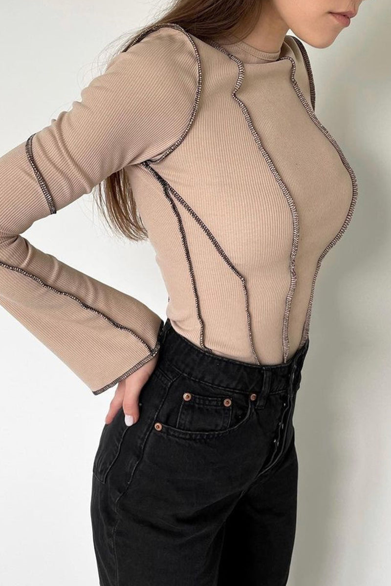 Casual Solid Patchwork O Neck Tops(3 Colors) - Fashionpara