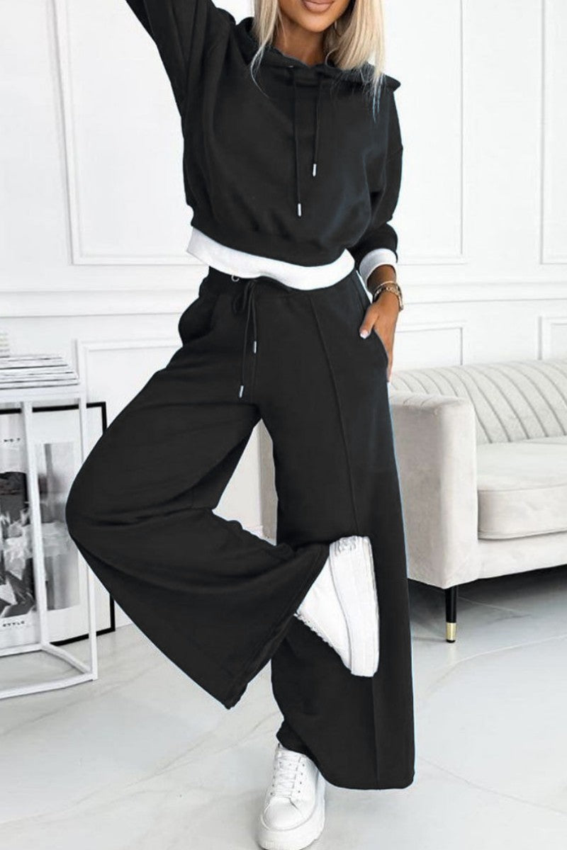 Casual Solid Patchwork Hooded Collar Long Sleeve Two Pieces - Fashionpara