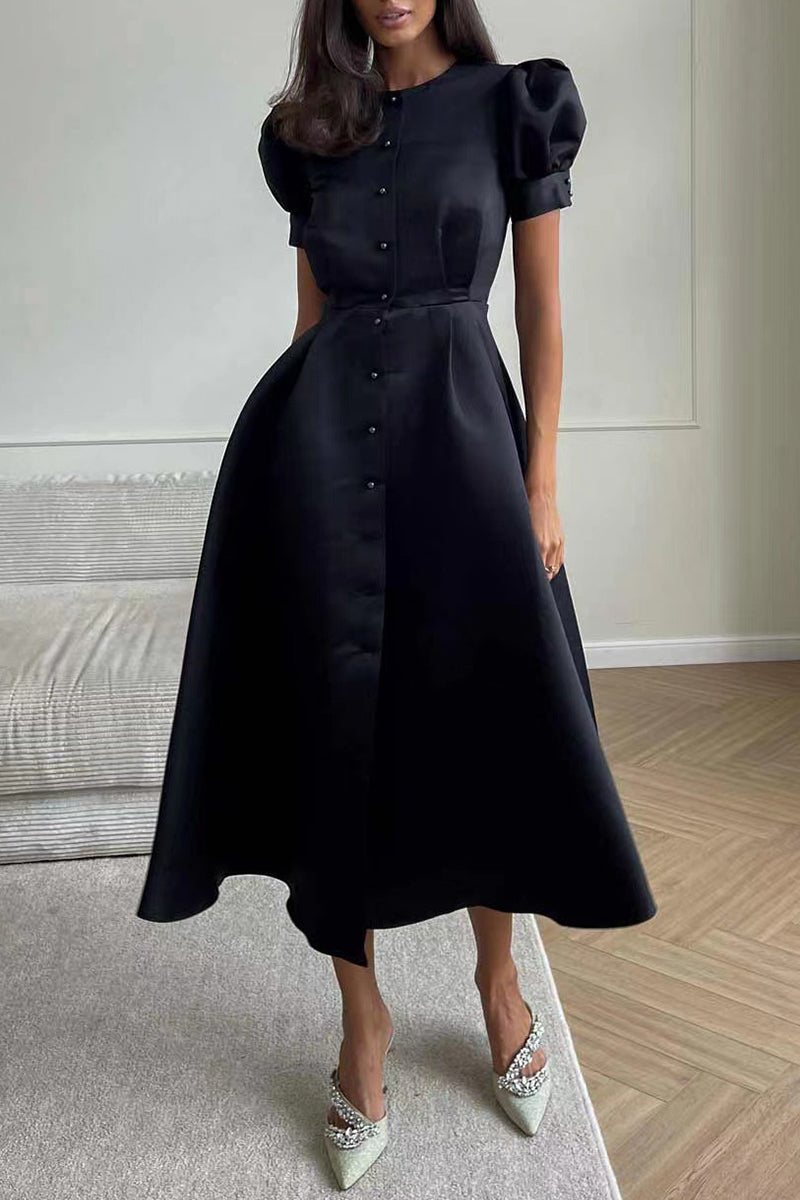 Elegant Solid Buckle O Neck A Line Short Sleeve Dress(5 Colors) - Fashionpara