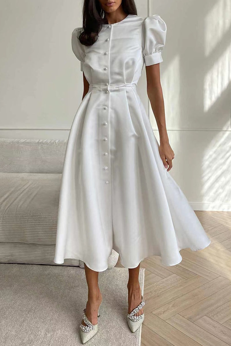 Elegant Solid Buckle O Neck A Line Short Sleeve Dress(5 Colors) - Fashionpara