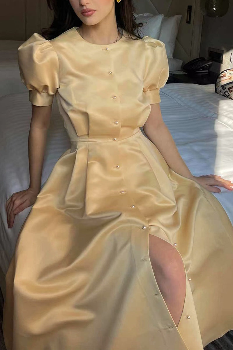 Elegant Solid Buckle O Neck A Line Short Sleeve Dress(5 Colors) - Fashionpara